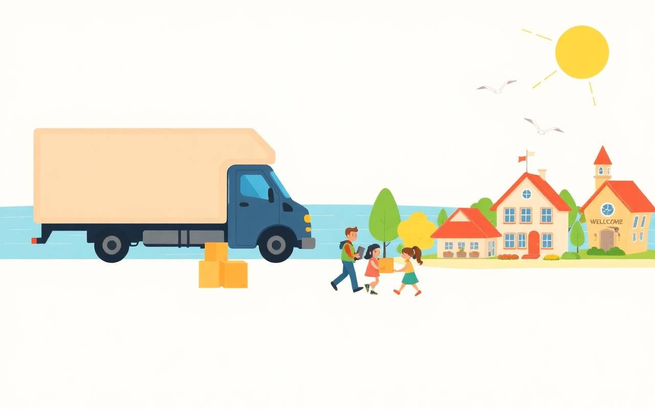 A cheerful cartoon moving truck arriving in a sunny shoreline town, a happy family carrying boxes toward a small welcoming...