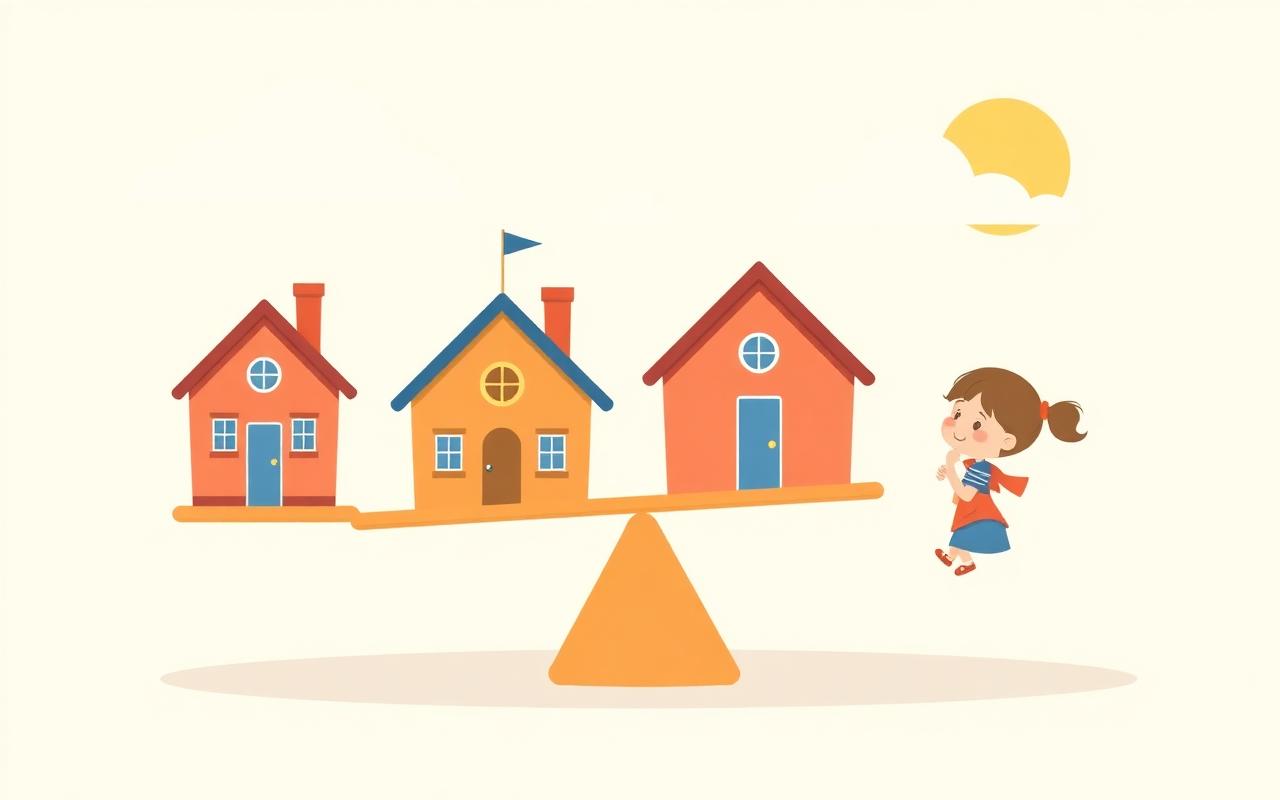 A cartoon balance scale with a small cheerful schoolhouse on each side.