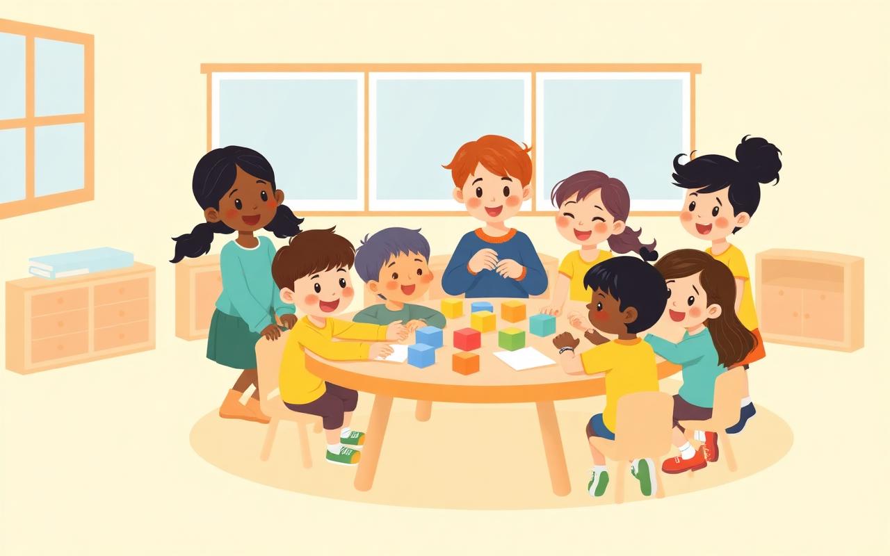 A warm cartoon classroom with a diverse group of happy children of different backgrounds working together at a round table...