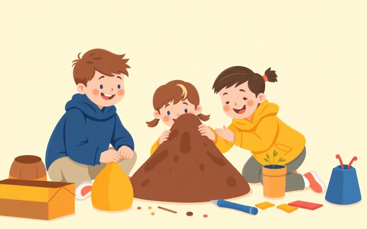 Cheerful cartoon kids happily building a hands-on project together, like a model volcano or a small garden box, focused an...