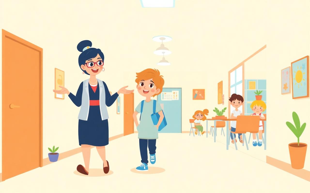 A friendly cartoon school tour, a warm teacher gesturing welcomingly as a parent and curious child walk down a bright hall...