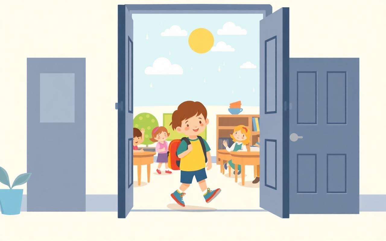 A cheerful cartoon child with a backpack stepping through an open doorway, from a gray rainy side into a bright sunny clas...