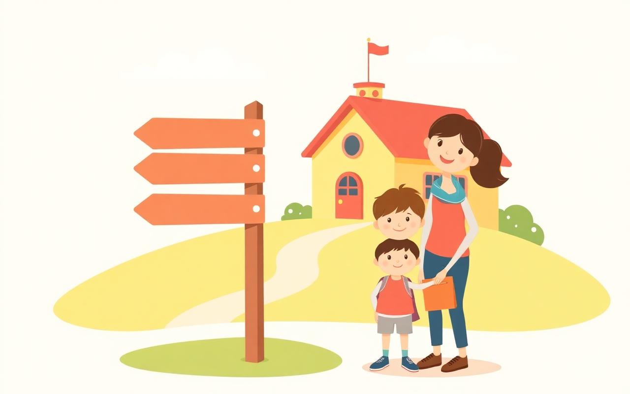 A cheerful cartoon parent and young child standing at a signpost with three blank directional arrows pointing different ways.