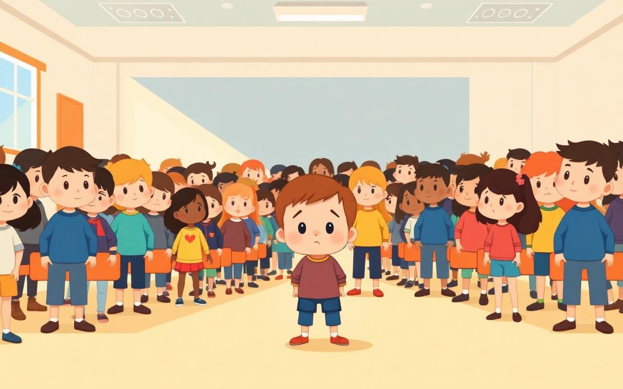 A small cartoon child with a slightly worried face standing among a big crowd of taller classmates in a large busy classro...