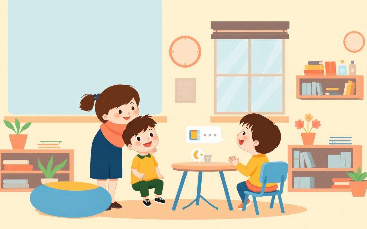 A warm cartoon scene of a friendly teacher talking with a happy, engaged student who is choosing between two activity opti...