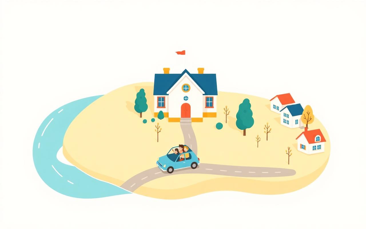 A friendly cartoon map-style scene of a small shoreline town with a cheerful schoolhouse in the center, a winding road, li...