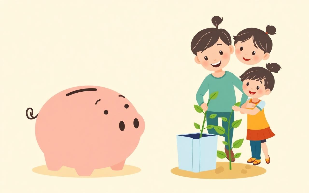 A cheerful cartoon piggy bank next to a small growing sapling with tiny book-shaped leaves.